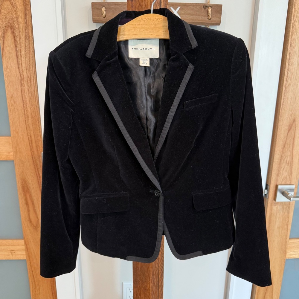 Banana Republic Womens Black Velvet Grosgrain Trim Stretch Blazer Jacket 4P